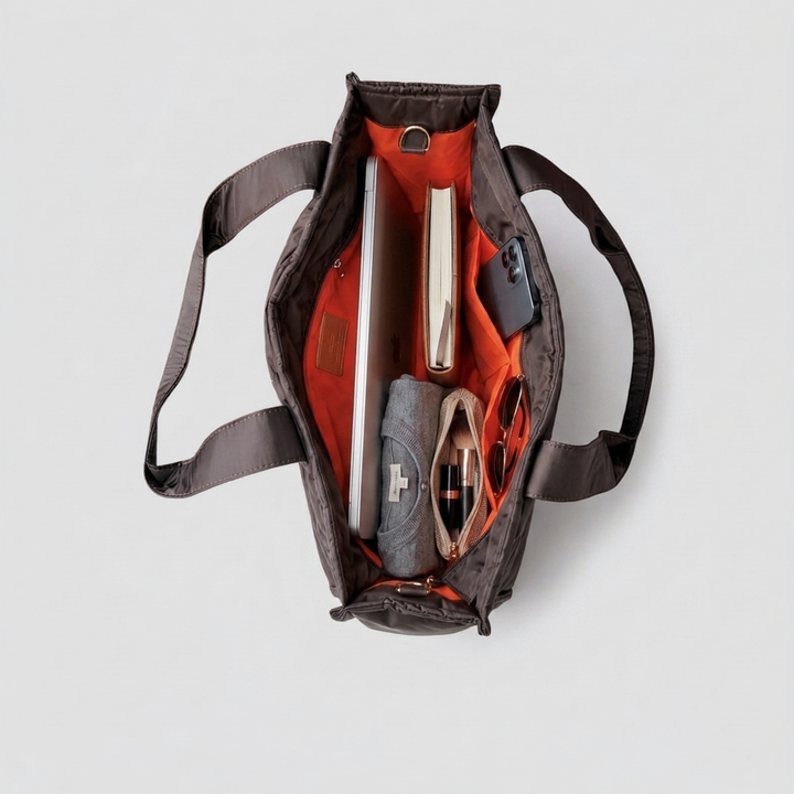 Bolsa TOTE de Nylon - Café (forro laranja neon)