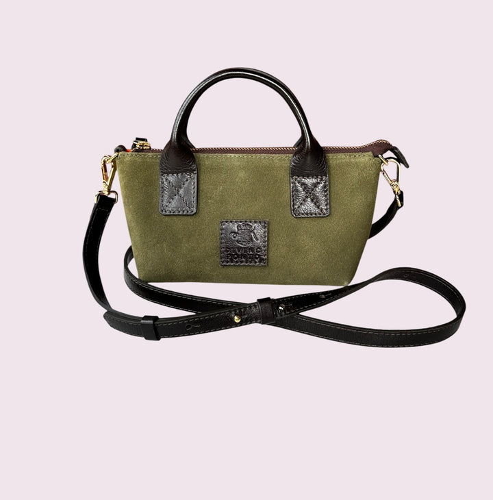 Bolsa Transversal de Camurça e Couro - Verde Oliva com Café