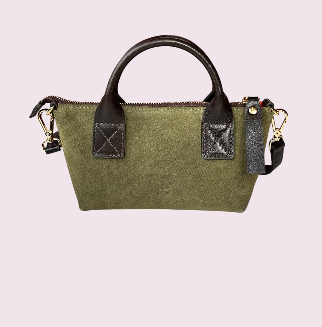Bolsa Transversal de Camurça e Couro - Verde Oliva com Café
