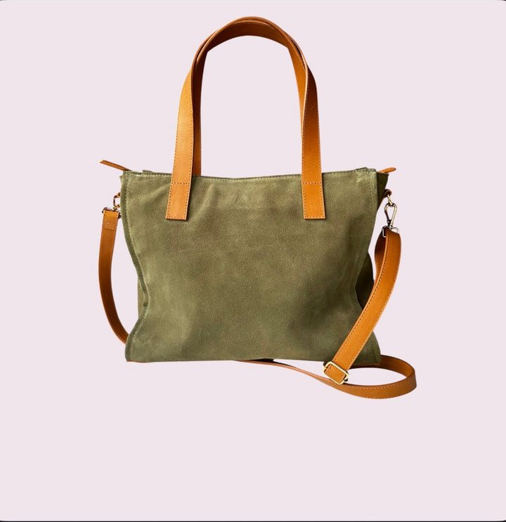 Bolsa TOTE de Camurça e Couro - Oliva com Caramelo