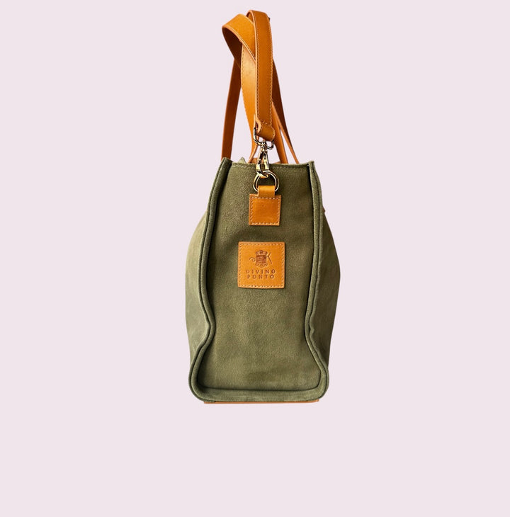 Bolsa TOTE de Camurça e Couro - Oliva com Caramelo