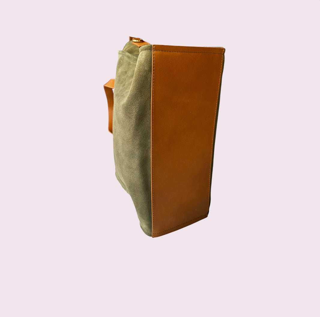 Bolsa TOTE de Camurça e Couro - Oliva com Caramelo
