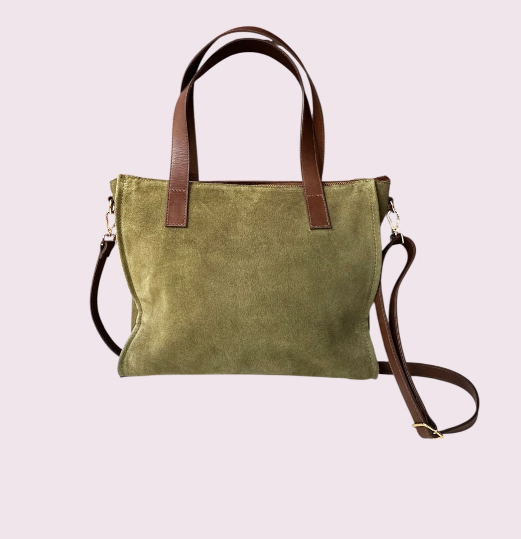 Bolsa TOTE de Camurça e Couro - Oliva com Café