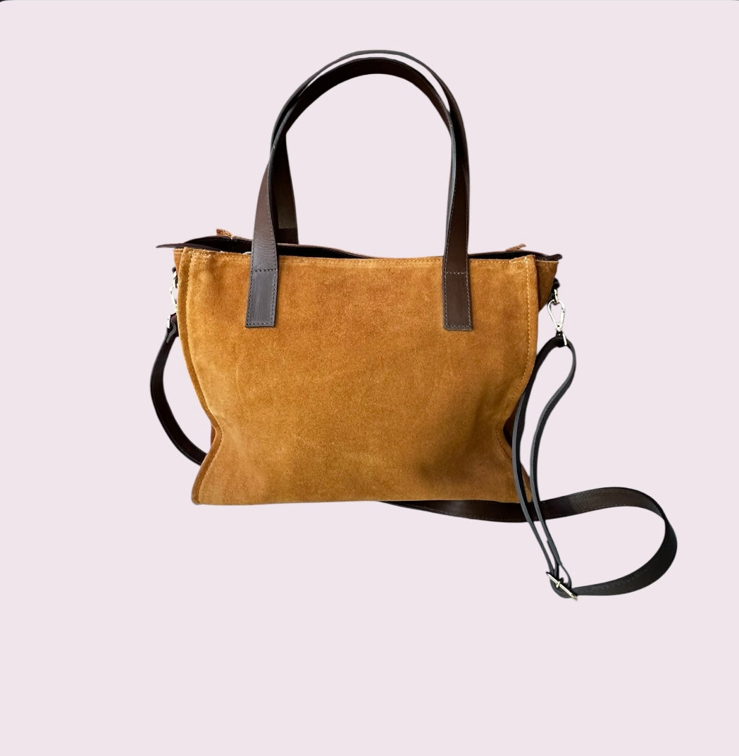Bolsa TOTE de Camurça e Couro - Castanho com Café