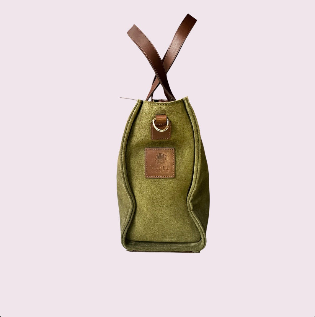 Bolsa TOTE de Camurça e Couro - Oliva com Café