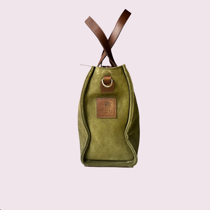 Bolsa TOTE de Camurça e Couro - Oliva com Café
