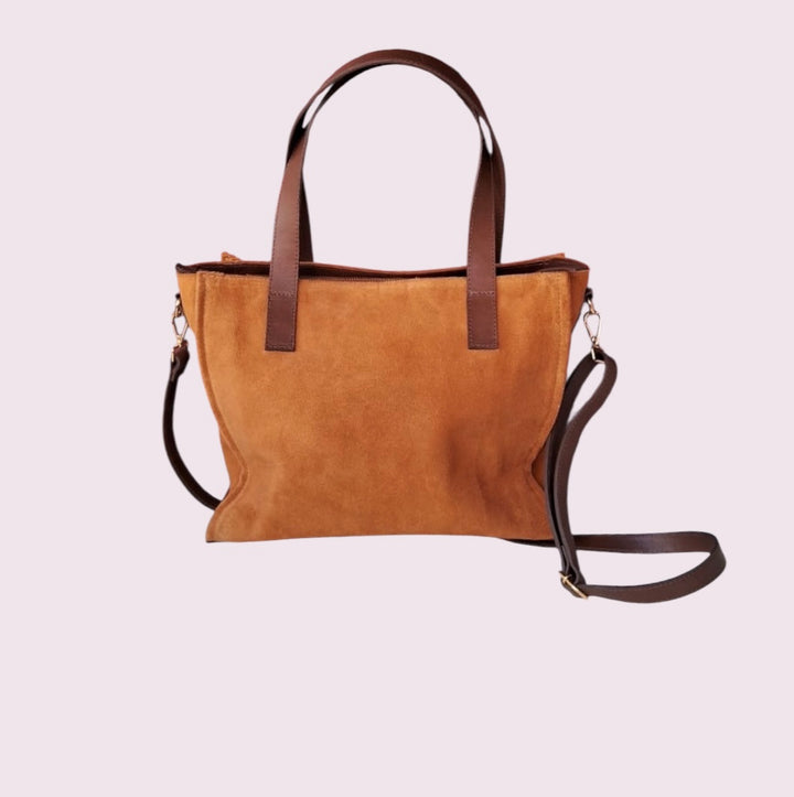 Bolsa TOTE de Camurça e Couro - Castanho com Café