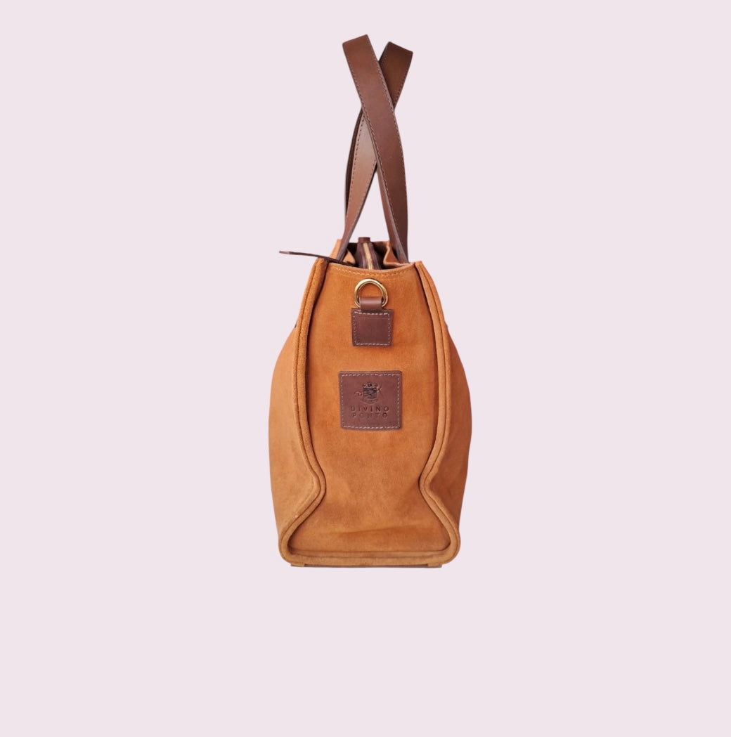 Bolsa TOTE de Camurça e Couro - Castanho com Café