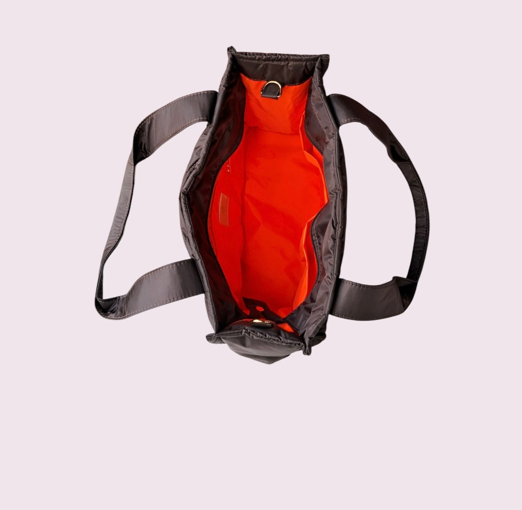 Bolsa TOTE de Nylon - Café com Laranja neon