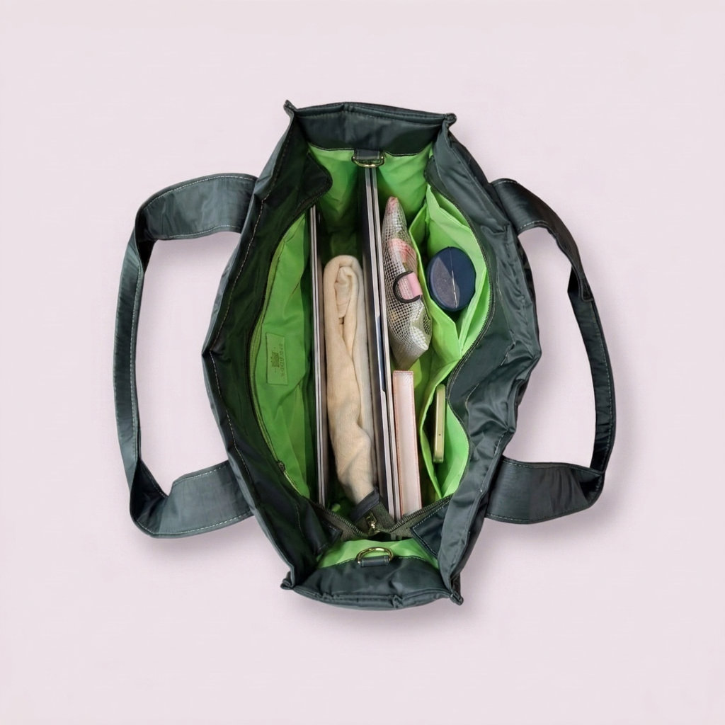 Bolsa TOTE de Nylon - Verde escuro (forro limão)