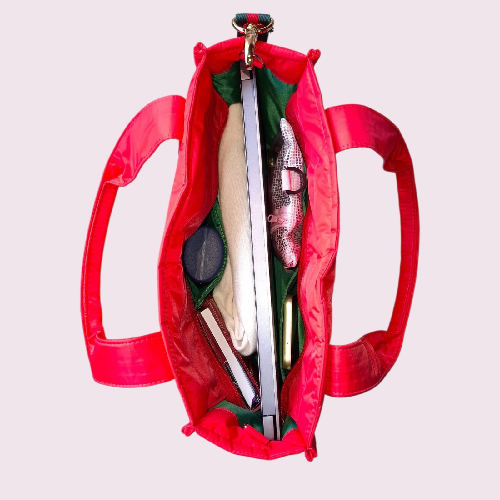 Bolsa TOTE de Nylon - Cereja (forro verde escuro)