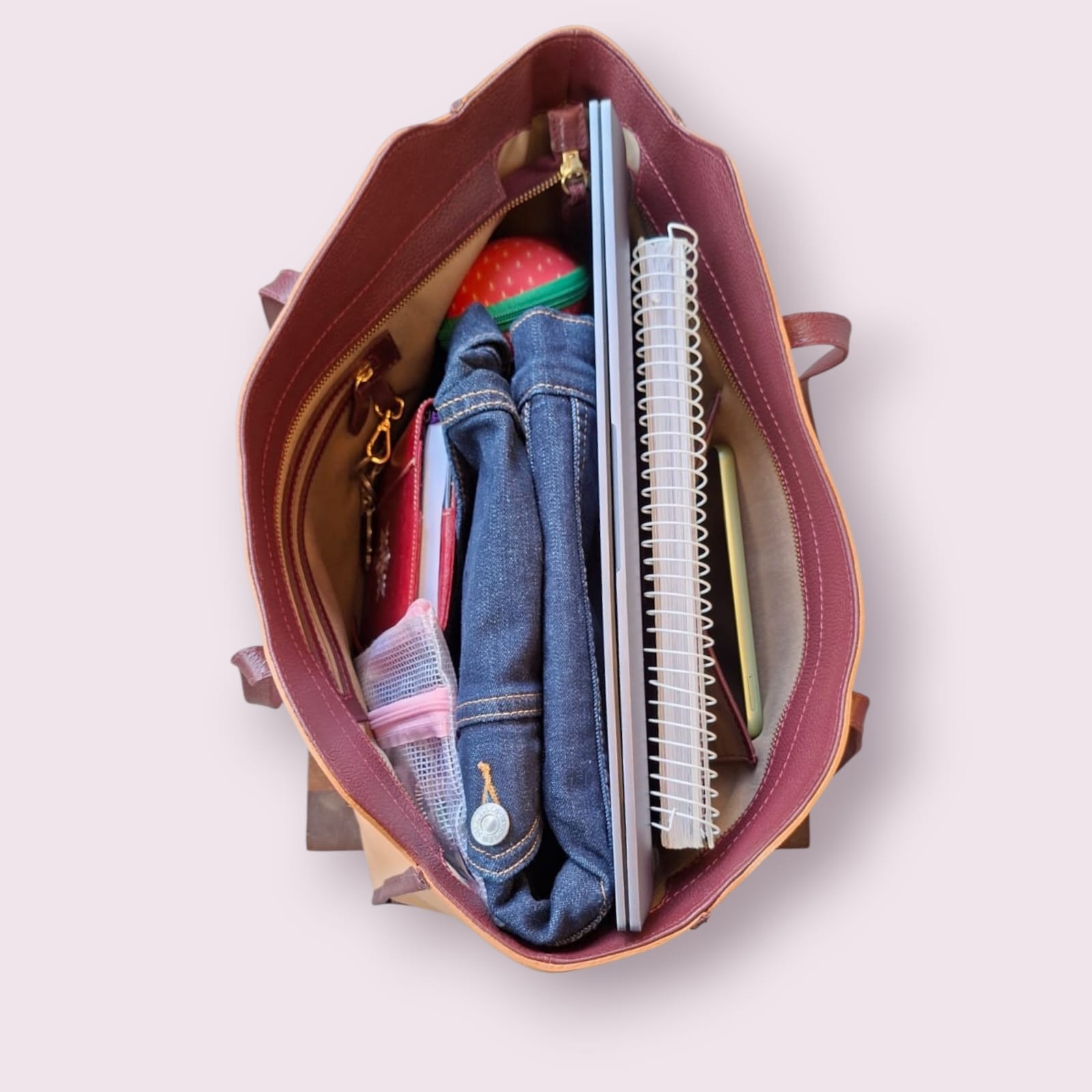 Bolsa Maxi Travel de Couro - Creme e Bordô