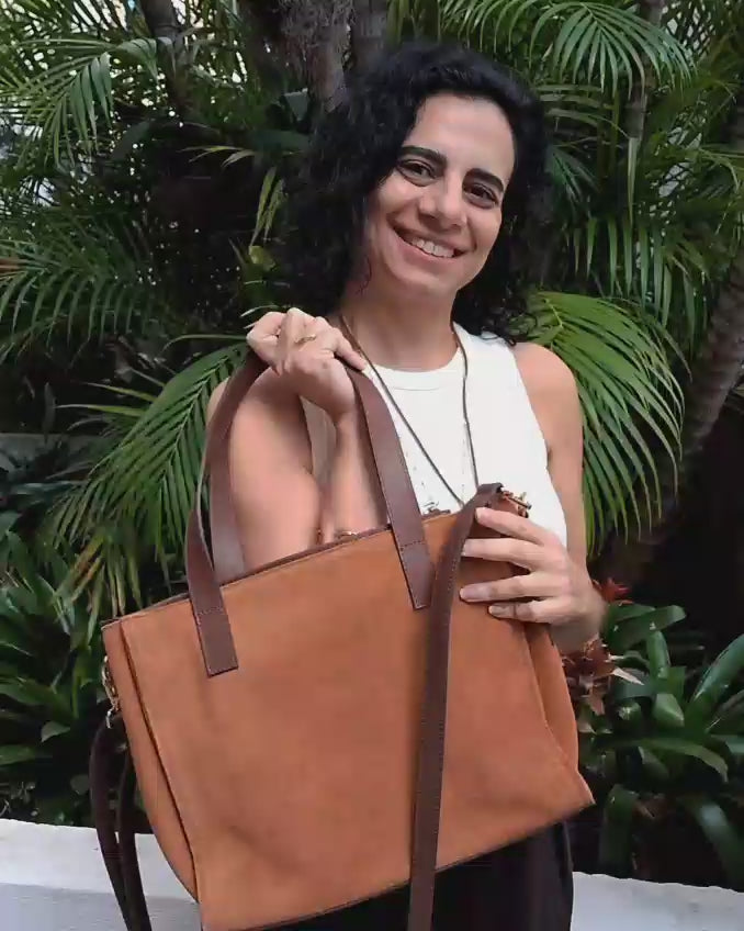 Bolsa TOTE de Camurça e Couro - Castanho com Café