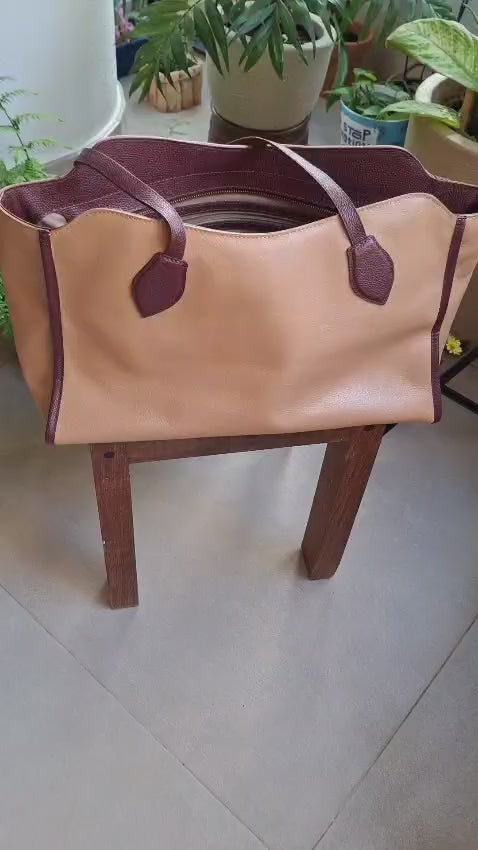 Bolsa Maxi Travel de Couro - Creme e Bordô