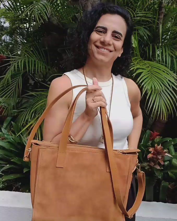 Bolsa TOTE de Camurça e Couro - Castanho