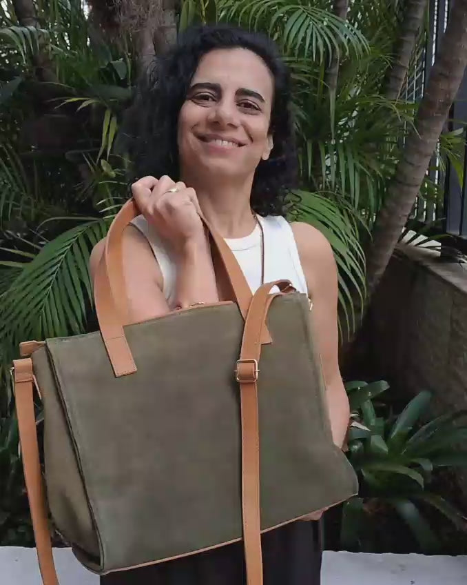 Bolsa TOTE de Camurça e Couro - Oliva com Caramelo