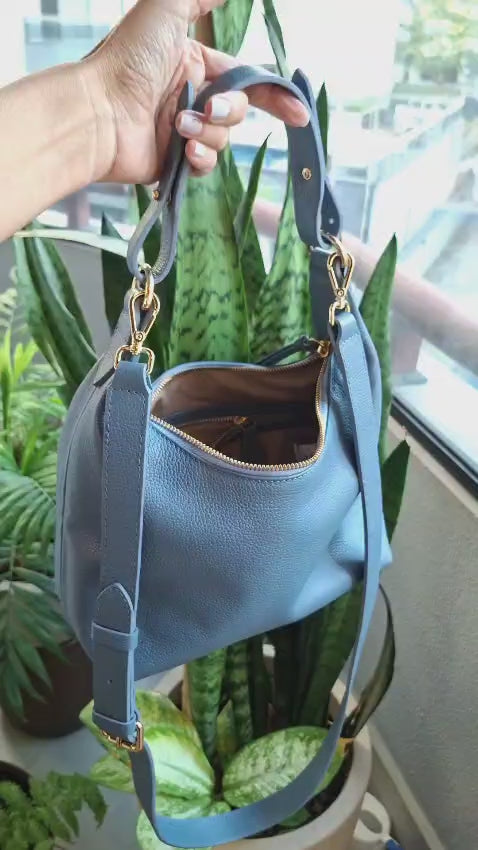 Bolsa Tulipa em Couro (Azul Indigo)
