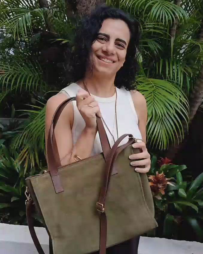 Bolsa TOTE de Camurça e Couro - Oliva com Café