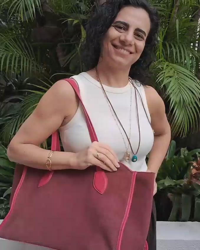 Bolsa Travel de Camurça e Couro - Bordô com alças Pink
